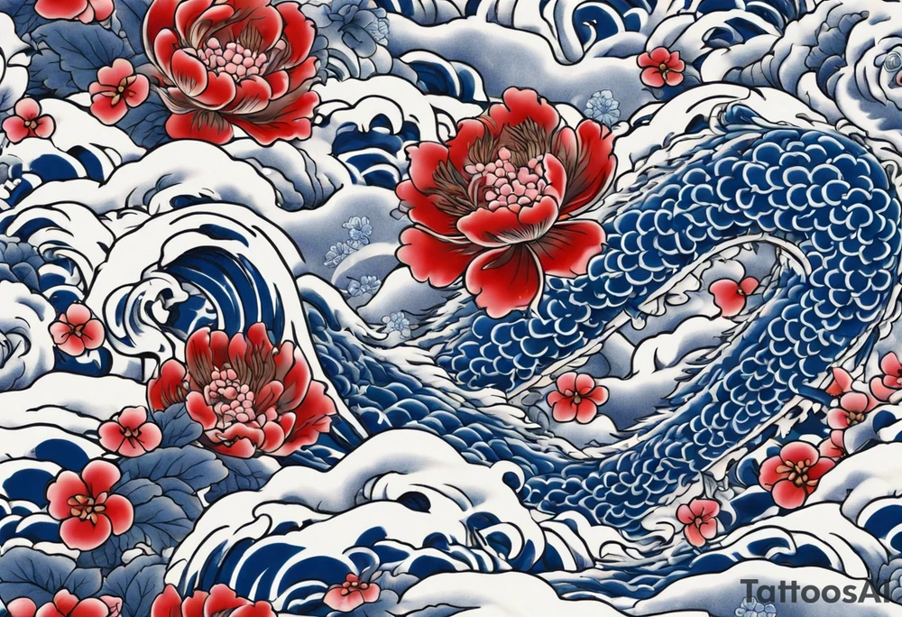 Japanese floral cherry blossom and irezumi back ground in blue porcelain China filler for traditional Chinese dragon and great waves and rose and butterfly tattoo tattoo idea