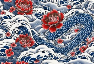 Japanese floral cherry blossom and irezumi back ground in blue porcelain China filler for traditional Chinese dragon and great waves and rose and butterfly tattoo tattoo idea