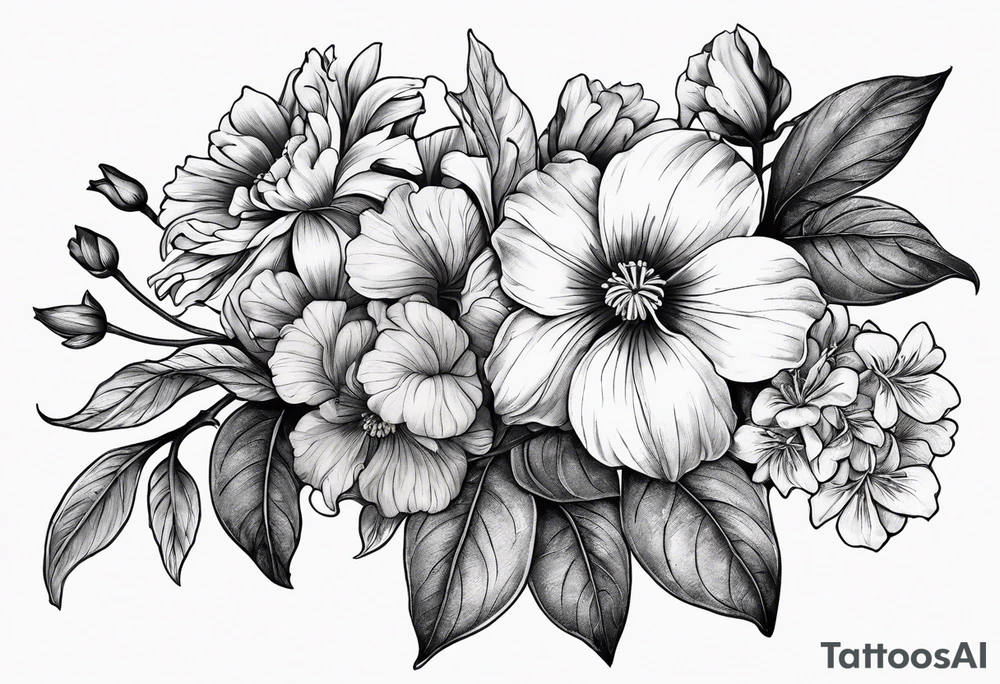 black and gray bunch of flowers with stems and leaves, three violets, one daffodil, five daisies, one rose, one morning glory, two marigolds, one chysanthemum tattoo idea