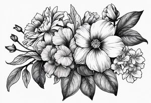 black and gray bunch of flowers with stems and leaves, three violets, one daffodil, five daisies, one rose, one morning glory, two marigolds, one chysanthemum tattoo idea