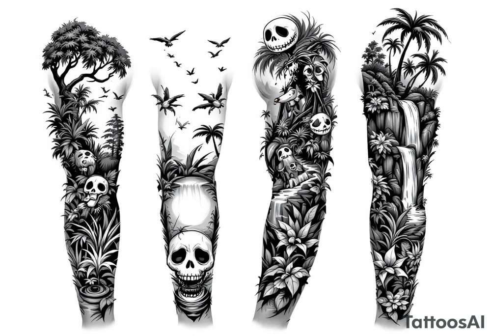 jack skellington with dog smoking a blunt, in nature jungle, waterfall, birds, palm trees tattoo idea