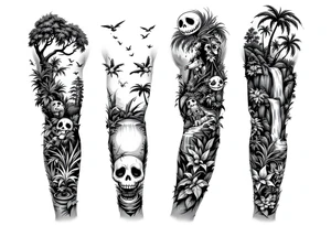 jack skellington with dog smoking a blunt, in nature jungle, waterfall, birds, palm trees tattoo idea