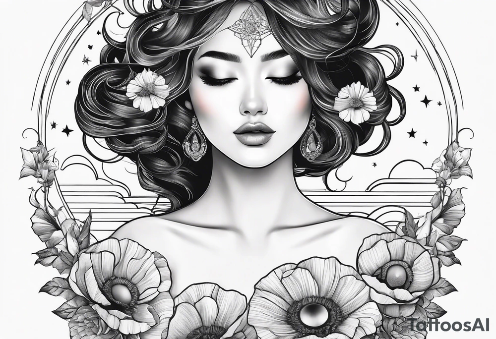 fine line vertical spine tattoo with stars, moon, clouds, poppy tattoo idea