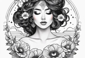 fine line vertical spine tattoo with stars, moon, clouds, poppy tattoo idea