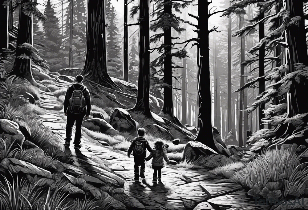 A shadow of a Man and Woman and young son and young daughter  walking through the Pacific Northwest Forrest. Crosses. tattoo idea