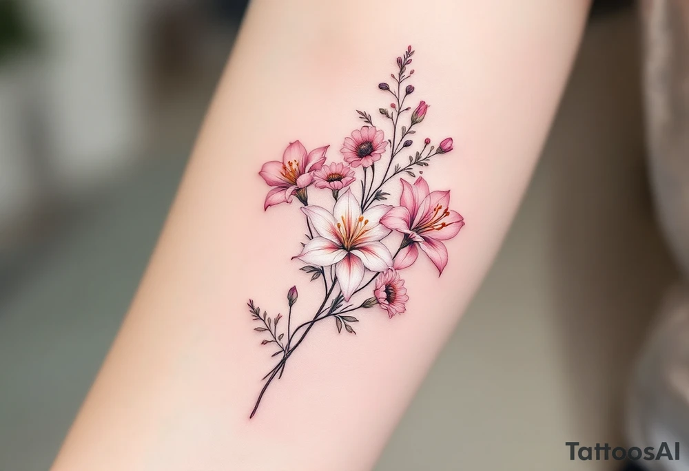 stargazer lillies in light pink with small sunflowers and poppies in a dainty wildflower bouquet with stems tattoo idea