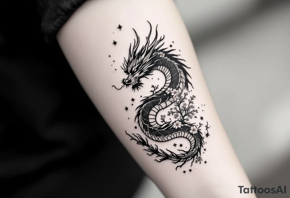 dragon japanese style sakura trees nebula tattoo idea