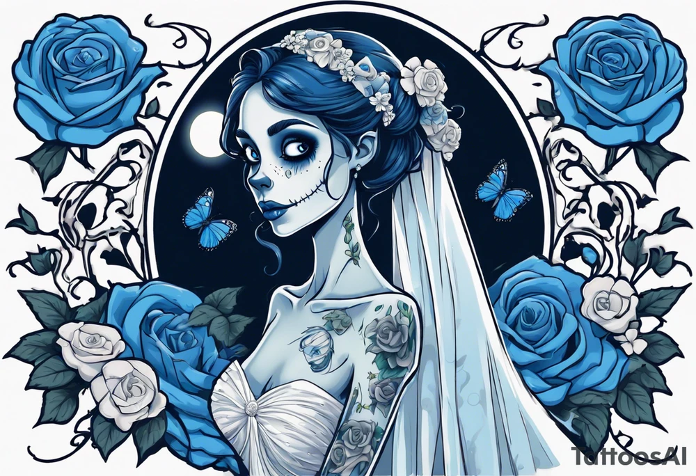 corpse bride Emily wearing a wedding dress. the vail on her head. she is holding a bouquet of blue roses in the middle of the bouquet  there is one white daisy. there is one blue butterfly flying around her. A full moon on the background. tattoo idea