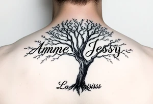 the name, Anne, Jessy
 on a live tree the name Larissa under the tree tattoo idea