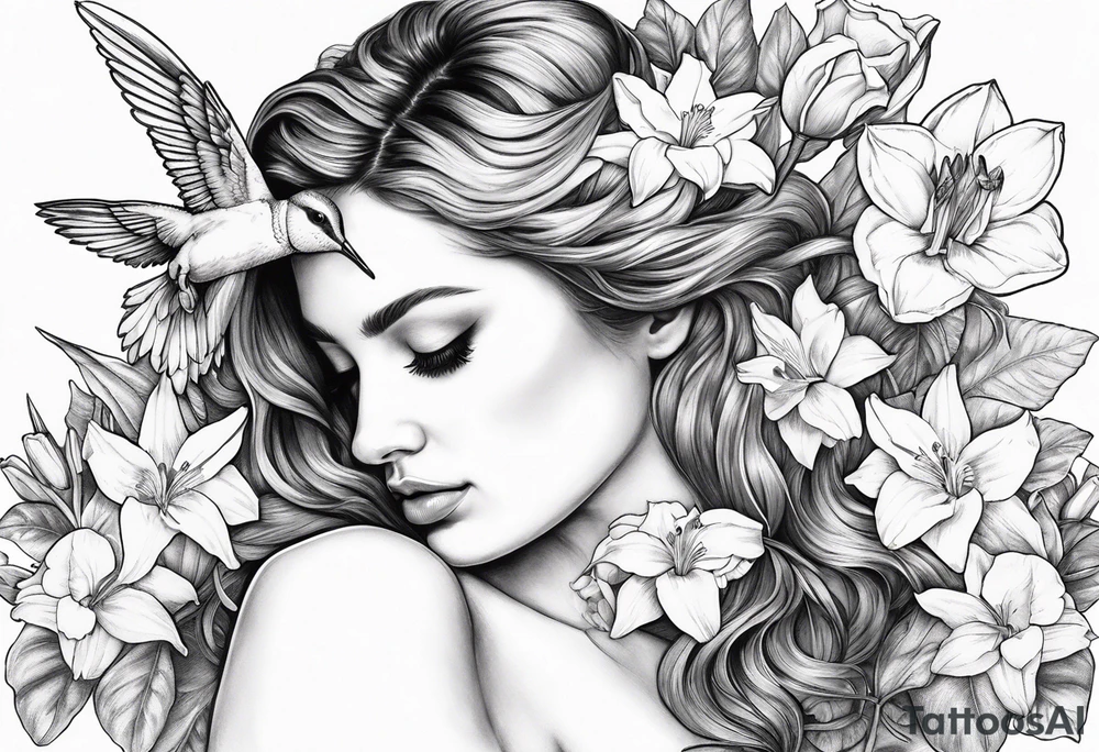 fallen angel with head down and face covered by her hair surrounded by lily, daffodil, rose, daisy, narcissus holding a hummingbird tattoo idea