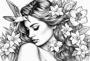 fallen angel with head down and face covered by her hair surrounded by lily, daffodil, rose, daisy, narcissus holding a hummingbird tattoo idea