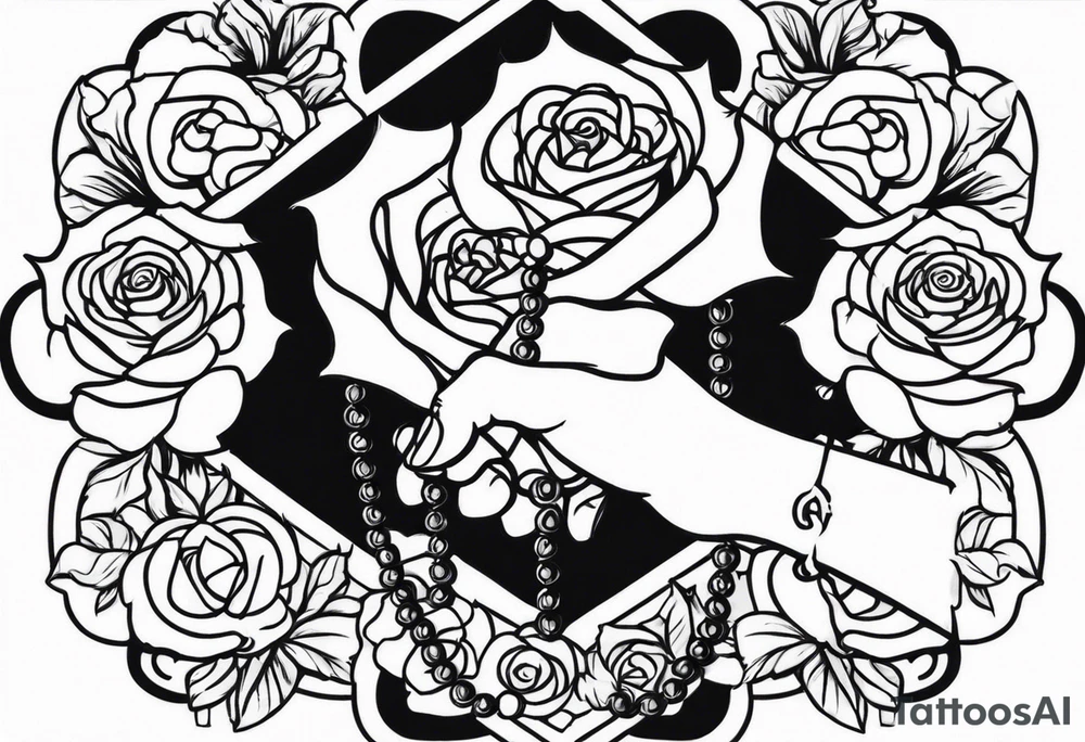 Hand holding rosary with roses tattoo idea