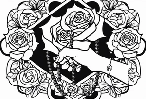 Hand holding rosary with roses tattoo idea