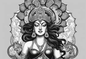 kali, durga goddess, riding a tiger, pirate, pachamama, chest tatoo, lotus, piarte tattoo idea