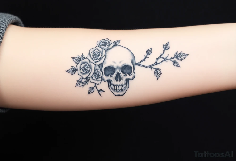 gothic skull intertwined with climbing roses and thorny vines tattoo idea