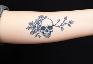 gothic skull intertwined with climbing roses and thorny vines tattoo idea