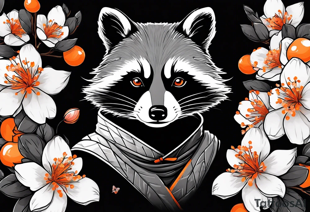 Raccoon wearing a white Superman logo on a black hoodie and orange Japanese cherry blossoms tattoo idea