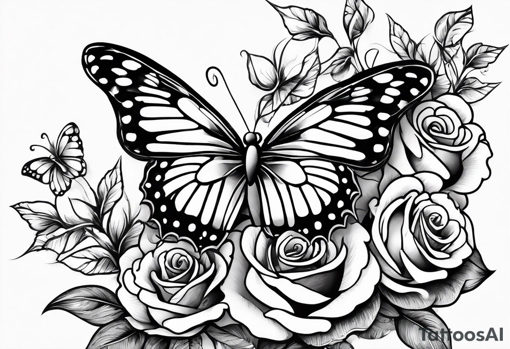 Butterfly flying with roses & filligree tattoo idea