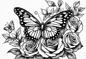 Butterfly flying with roses & filligree tattoo idea