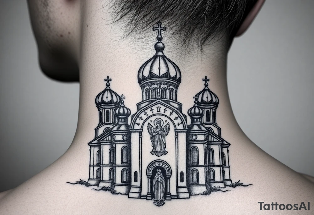 medium sized Russian orthodox church with bulb domes with a prominent russian orthodox coat of arms & virgin mary tattoo idea