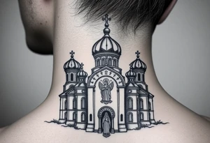 medium sized Russian orthodox church with bulb domes with a prominent russian orthodox coat of arms & virgin mary tattoo idea