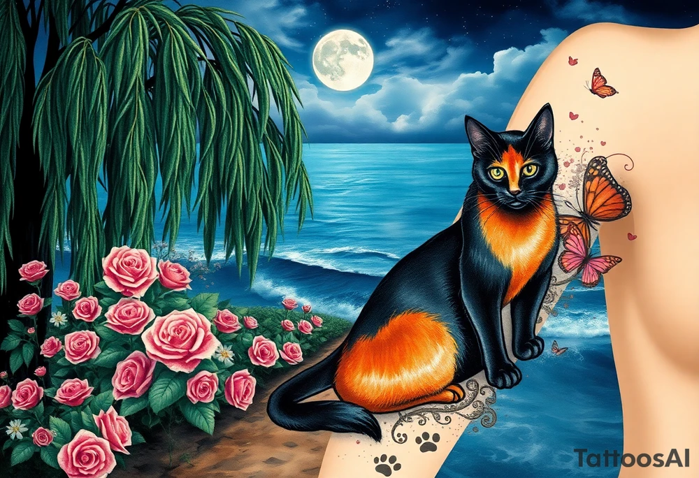 Night time. Ocean.  weeping willow garden with roses and liles flower beds. fantasy creatures, fairies, mermiads, dragons butterflies,  cat paw prints path in dirt. Black cat and orange cat tattoo idea