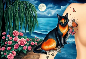Night time. Ocean.  weeping willow garden with roses and liles flower beds. fantasy creatures, fairies, mermiads, dragons butterflies,  cat paw prints path in dirt. Black cat and orange cat tattoo idea