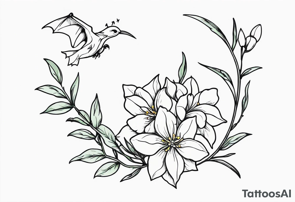 Shoulder and collarbone tattoo of a vibe of night-blooming Jasmine with a bat hanging from one of the stems tattoo idea