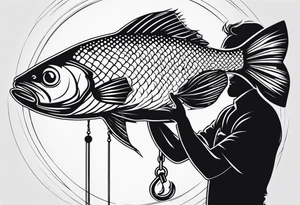A Fish eating a small silhouette of a man on a hook tattoo idea