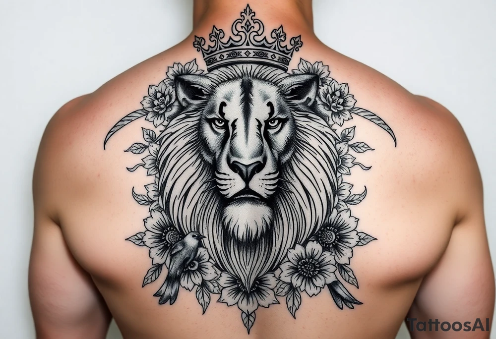 powerful majestic lion with a crown, surrounded by floral ornaments and birds tattoo idea