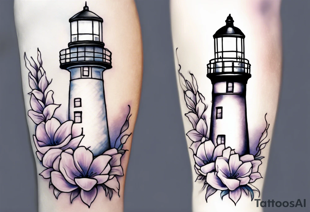 tattoo of a light house bordered by magnolia flowers and rope. In the background there is a periwinkle blue cancer awareness ribbon being lit up by the lighthouse tattoo idea