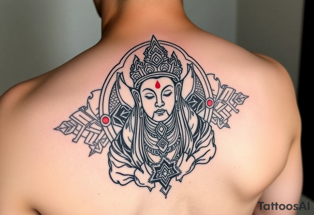 "Tibetan thangka tattoo but deity is a crypto wallet with QR face. Geometric patterns, black/red ink." tattoo idea