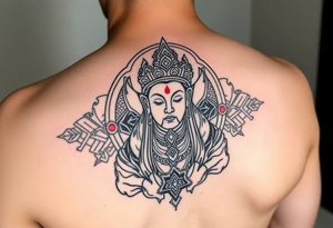 "Tibetan thangka tattoo but deity is a crypto wallet with QR face. Geometric patterns, black/red ink." tattoo idea