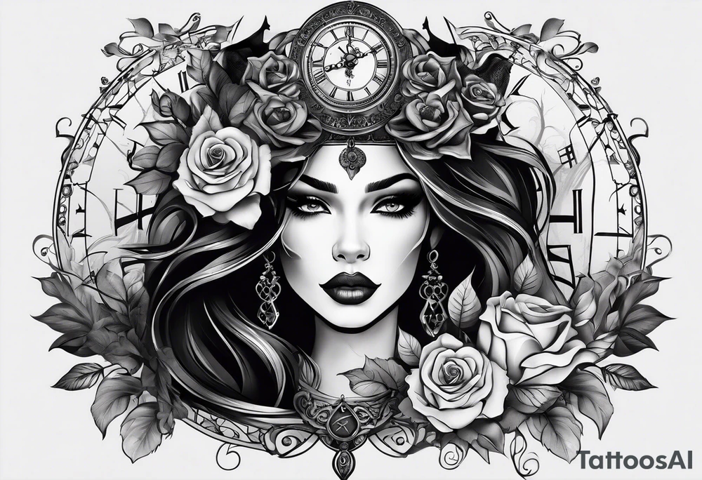 A feminine arm sleeve with a black witchy woman with smoky eyes, a granddaddy clock with roses and a lion queen tattoo idea