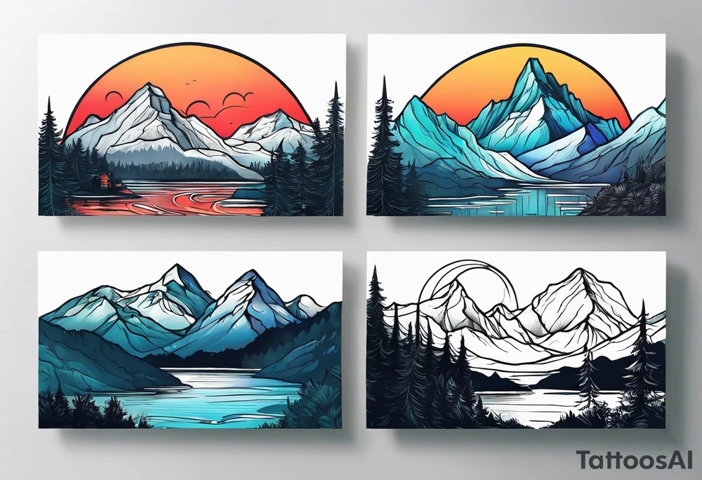 Mountains with water and name Caiden and Sawyer tattoo idea