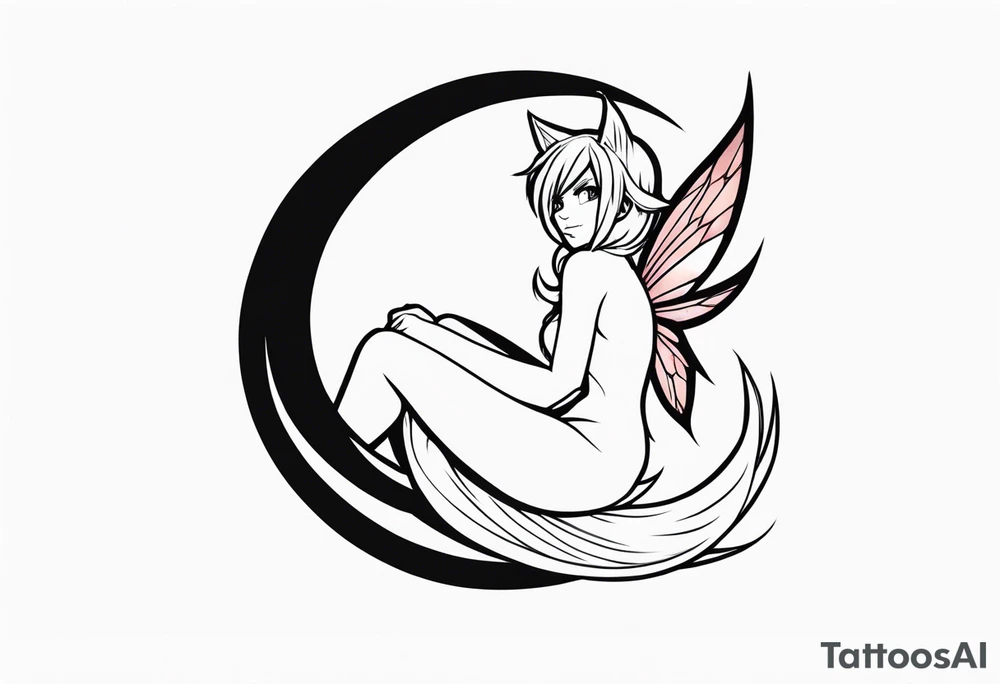 A fairy with a tail inspired by the logo of the show called Fairy Tail in a fetal position leaning in tattoo idea