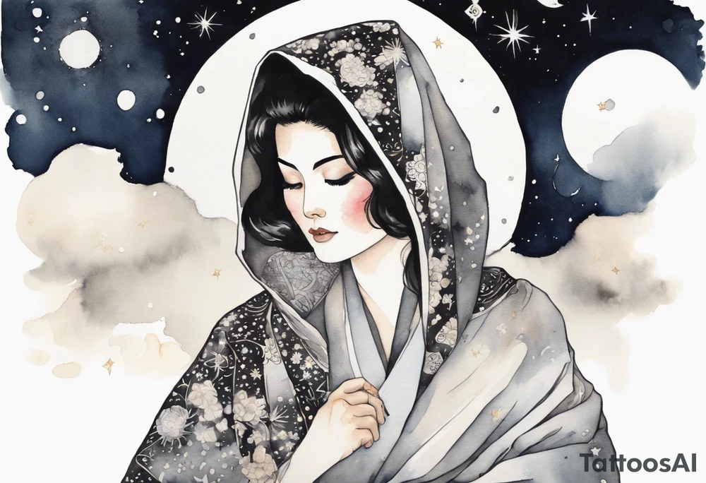 a watercolor of a beautiful 40-year-old Persian woman wearing black and white cloak with the night sky in the background tattoo idea