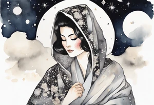 a watercolor of a beautiful 40-year-old Persian woman wearing black and white cloak with the night sky in the background tattoo idea
