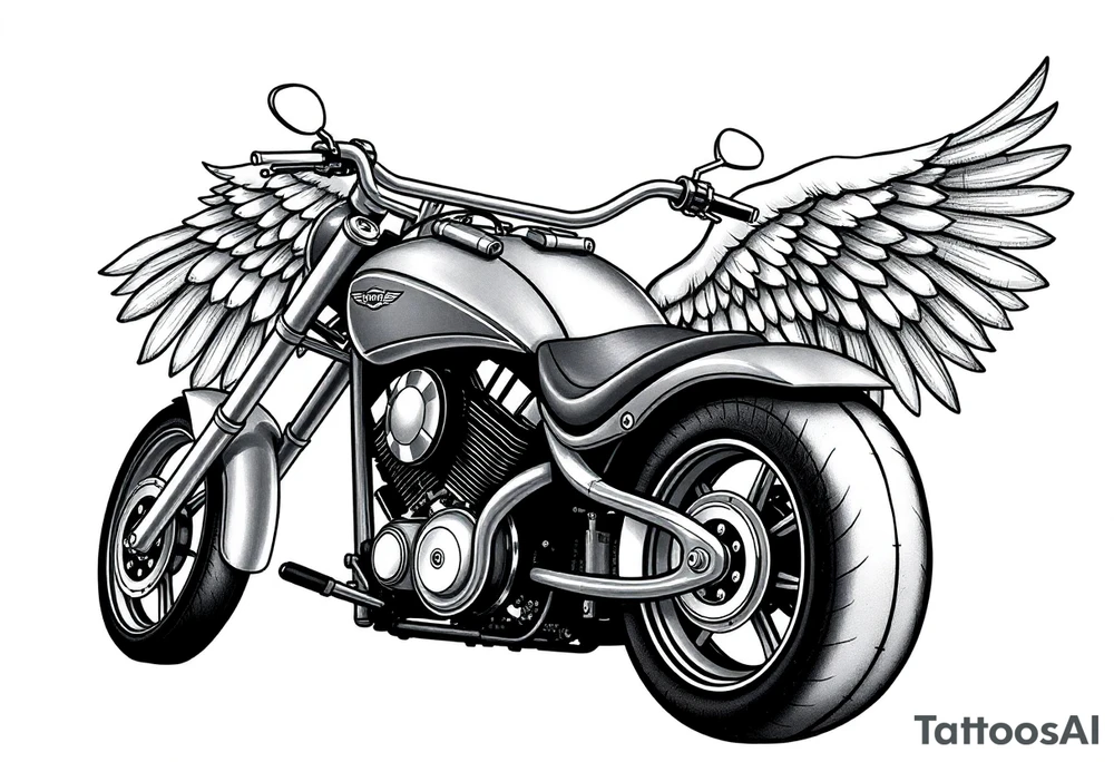 Low rider grey motorcycle, big muffler pipes with flames, angel wings, driving away, no person tattoo idea