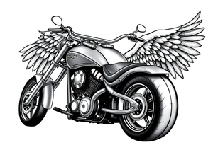 Low rider grey motorcycle, big muffler pipes with flames, angel wings, driving away, no person tattoo idea