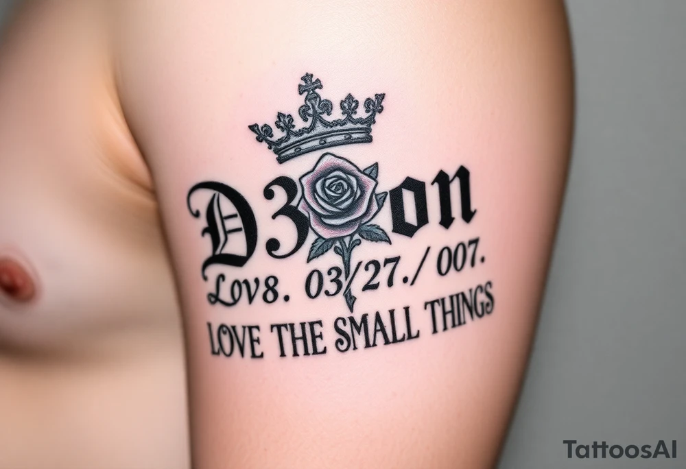 Name D3von with a crown and rose and cross and 03/27/07 and it says under all LOVE THE SMALL THINGS tattoo idea