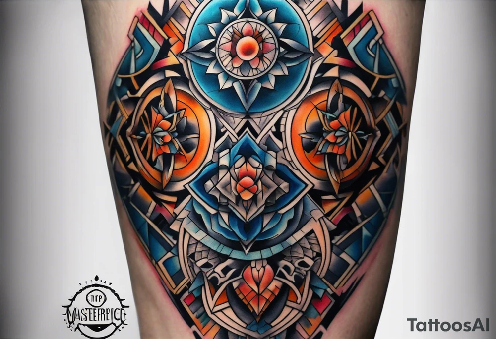 semi Detailed neo traditional knee tattoo flat on paper. The tattoo features geometric patterns and bold lines, creating a visually striking design with slight tints of deep fall colors. outside the tattoo features deep blues washes and water swirls tattoo idea