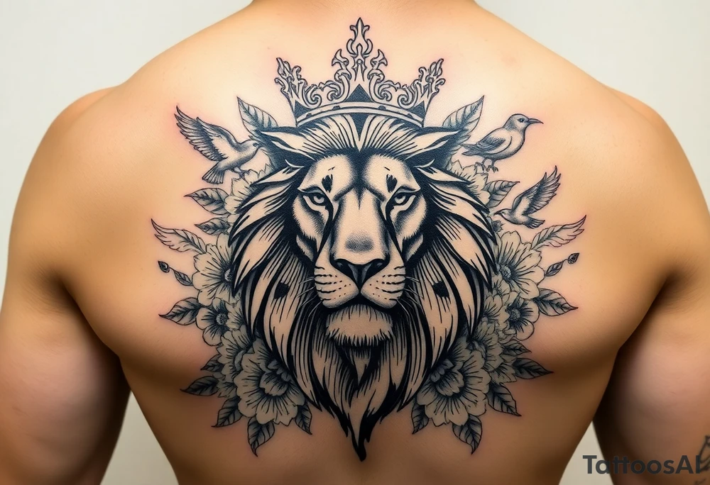 powerful majestic lion with a crown, surrounded by floral ornaments and birds tattoo idea