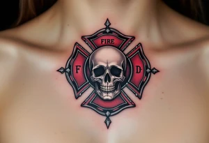 A fire department Maltese cross with a skull in the center, accented with silver and deep crimson tones for a bold, fearless design. tattoo idea