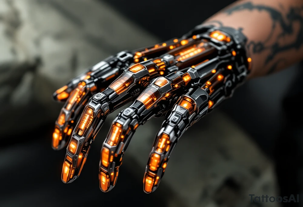 A high-tech cybernetic hand with transparent panels revealing glowing orange hydraulic lines and microchips embedded in titanium bones. tattoo idea
