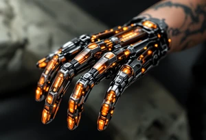 A high-tech cybernetic hand with transparent panels revealing glowing orange hydraulic lines and microchips embedded in titanium bones. tattoo idea