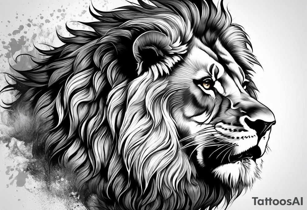 A roaring lion’s face with a flowing mane, emphasizing strength and courage, detailed fur textures tattoo idea