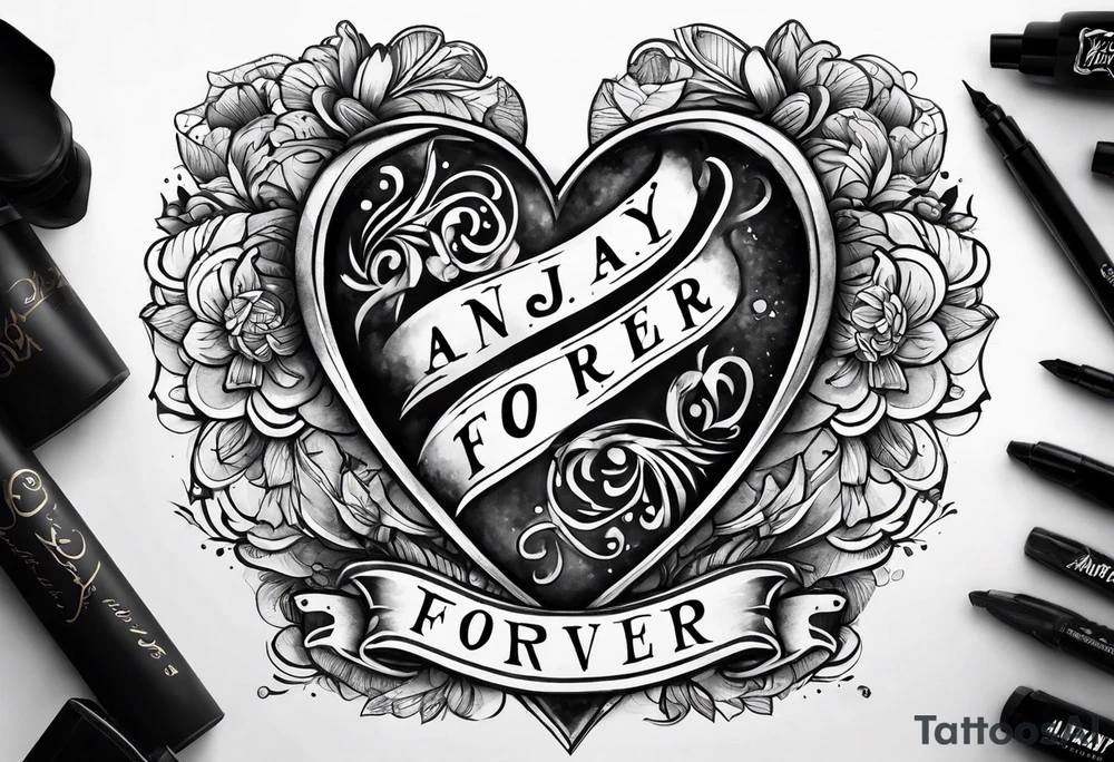 Heart with banner that says Anjay + Gurbux Forever tattoo idea