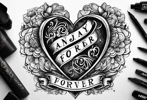 Heart with banner that says Anjay + Gurbux Forever tattoo idea