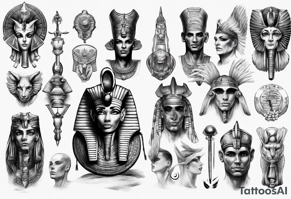Egyptian gods theme full sleeve realistic tattoo idea